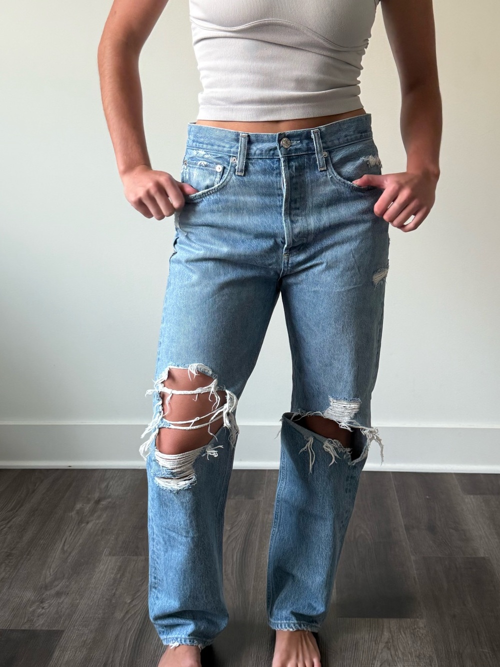 Agolde Light Blue Denim Jeans with Tan Topstitching